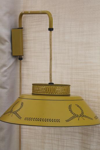 photo of 60s vintage yellow tole shade lamp, wall mount counterweight adjustable pull down hanging light #1