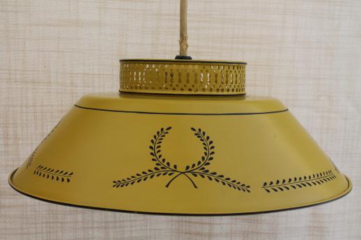 photo of 60s vintage yellow tole shade lamp, wall mount counterweight adjustable pull down hanging light #6