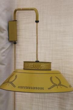 catalog photo of 60s vintage yellow tole shade lamp, wall mount counterweight adjustable pull down hanging light