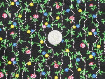 catalog photo of 60s-70s vintage cotton twill fabric, flowering vines print on black