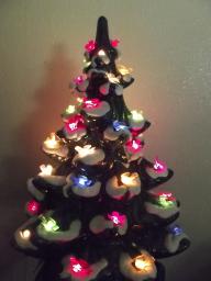 catalog photo of 60s-70s vintage handmade ceramic Christmas music box tree w/ dove lights