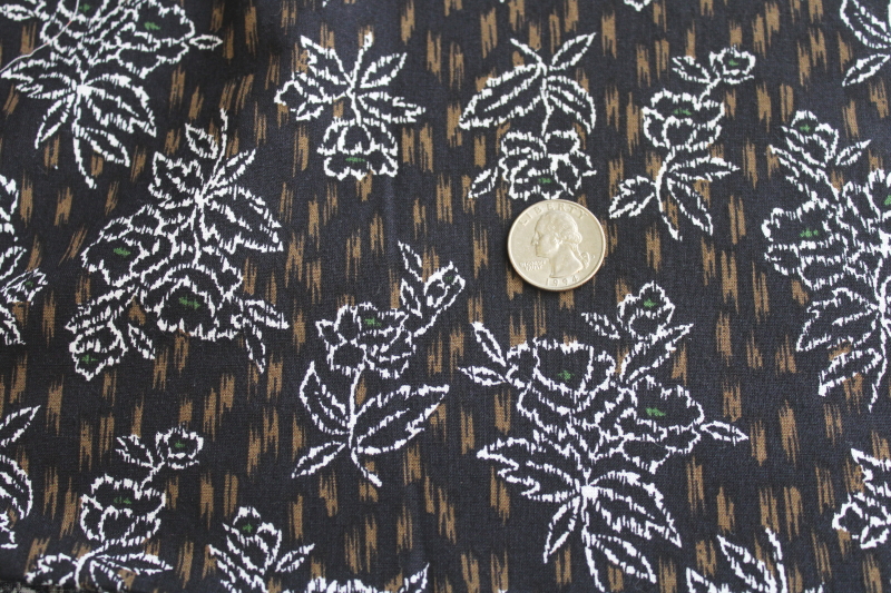 photo of 7+ yards 50 wide 90s vintage cotton fabric, scratch art style floral black & brown w/ white  #2