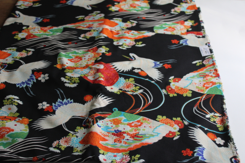 photo of 7 yards Japanese cranes print cotton fabric, bold colors and white birds on black  #1