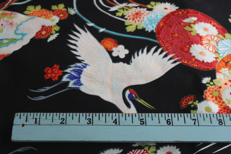 photo of 7 yards Japanese cranes print cotton fabric, bold colors and white birds on black  #3