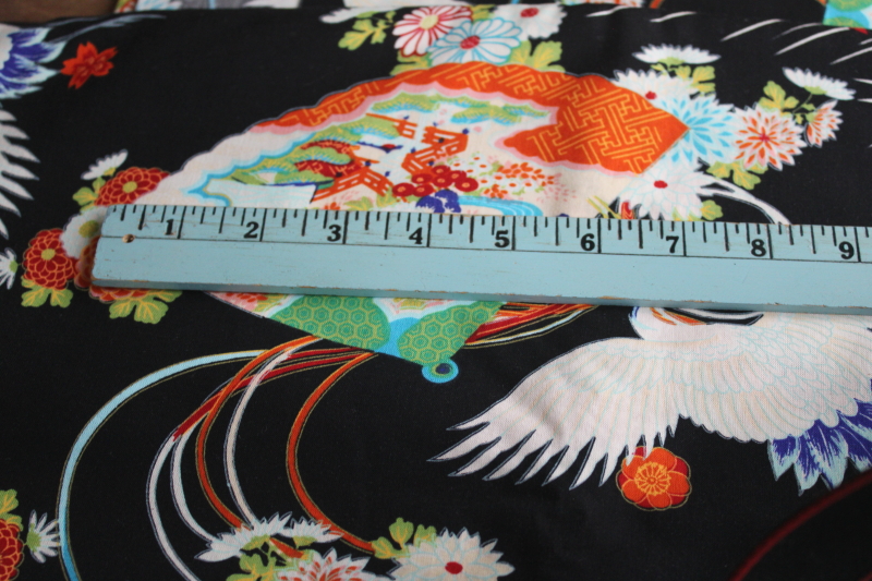 photo of 7 yards Japanese cranes print cotton fabric, bold colors and white birds on black  #4