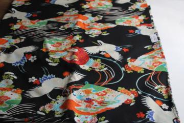 catalog photo of 7 yards Japanese cranes print cotton fabric, bold colors and white birds on black 