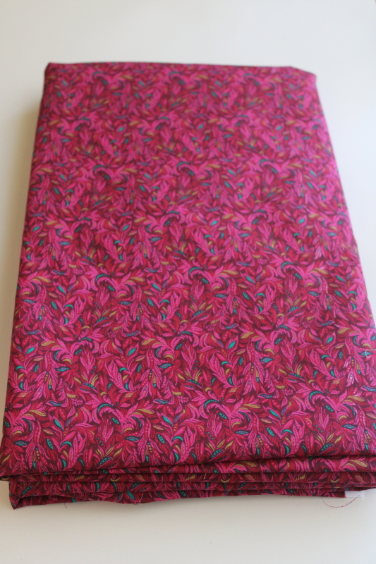 photo of 7 yards vintage Peter Pan cotton fabric, magenta pink print paisley feather plumes  #1