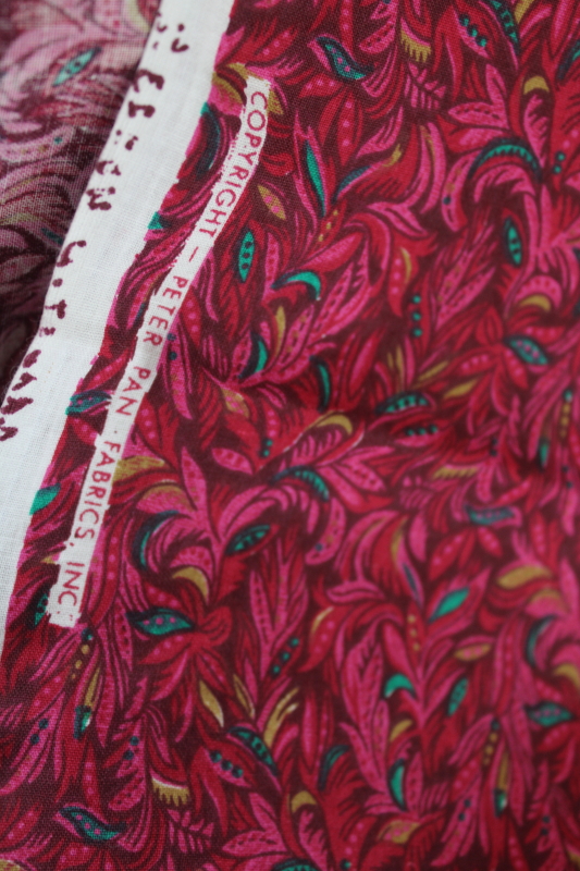 photo of 7 yards vintage Peter Pan cotton fabric, magenta pink print paisley feather plumes  #3