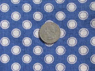 catalog photo of 7 yds unused vintage cotton feedsack material, white dots print on blue fabric