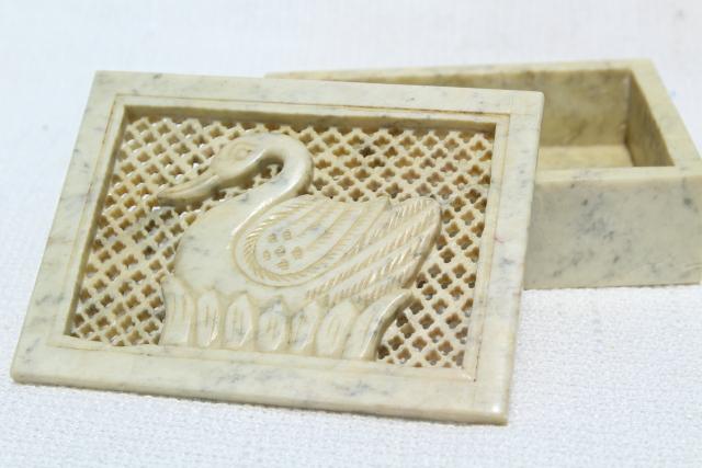 photo of 70s 80s vintage India carved stone box incense holder w/ swan cameo  #1