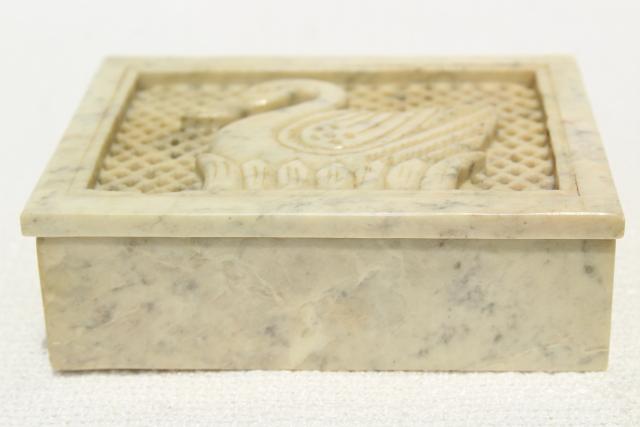 photo of 70s 80s vintage India carved stone box incense holder w/ swan cameo  #3