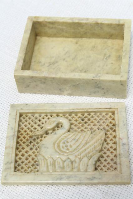 photo of 70s 80s vintage India carved stone box incense holder w/ swan cameo  #4