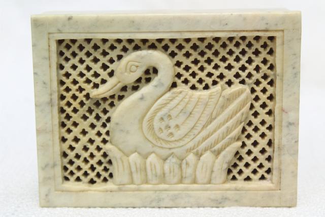 photo of 70s 80s vintage India carved stone box incense holder w/ swan cameo  #7