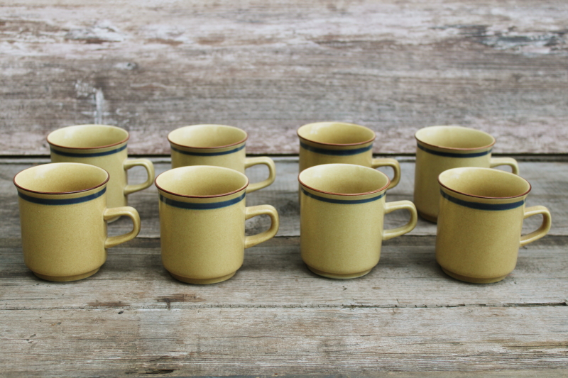 photo of 70s 80s vintage Japan stoneware mugs latte tan w/ blue & brown band, set of 8 small coffee cups  #1