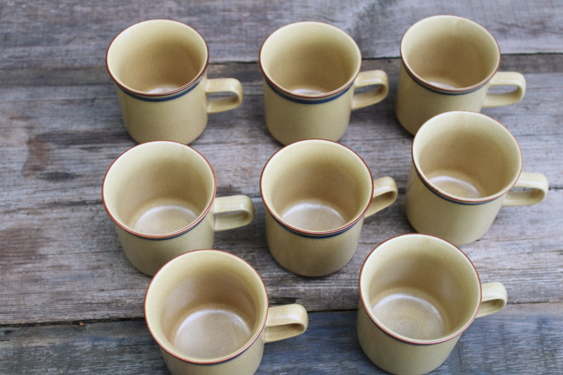photo of 70s 80s vintage Japan stoneware mugs latte tan w/ blue & brown band, set of 8 small coffee cups #2