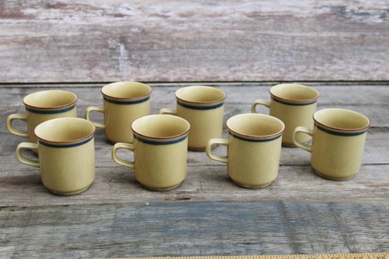 photo of 70s 80s vintage Japan stoneware mugs latte tan w/ blue & brown band, set of 8 small coffee cups #3