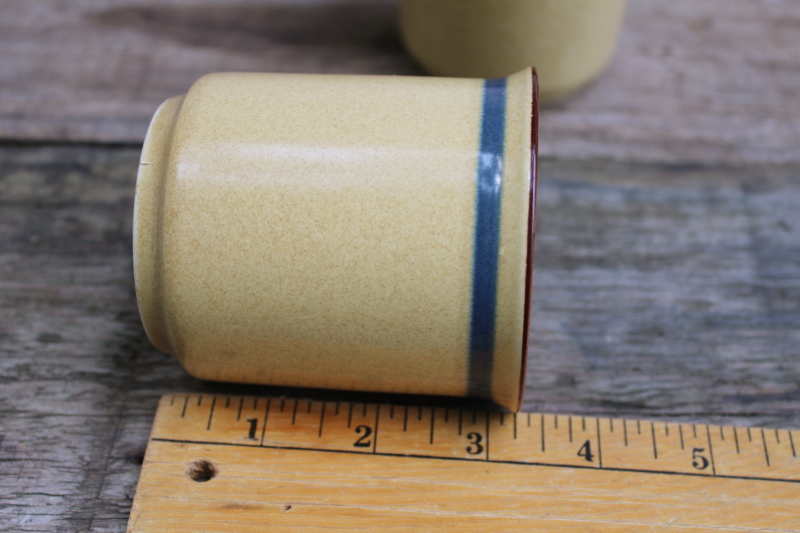 photo of 70s 80s vintage Japan stoneware mugs latte tan w/ blue & brown band, set of 8 small coffee cups #4