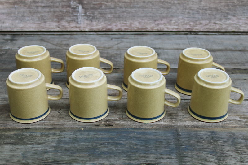 photo of 70s 80s vintage Japan stoneware mugs latte tan w/ blue & brown band, set of 8 small coffee cups #6