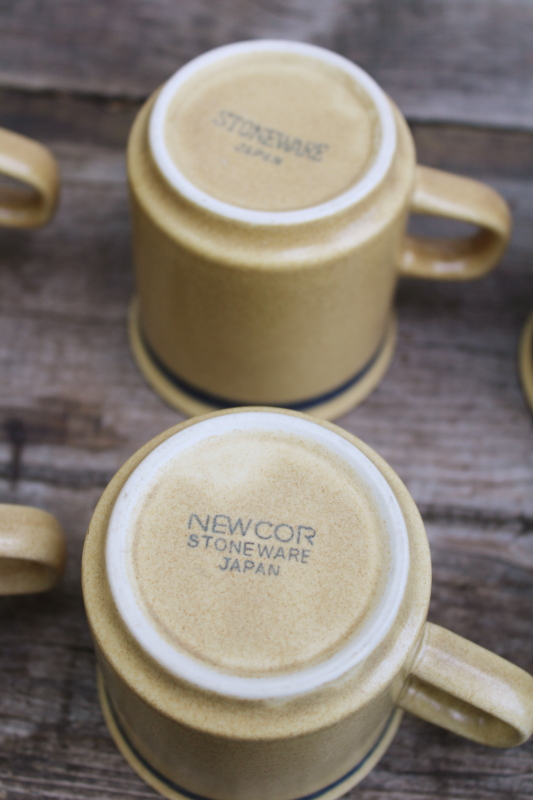 photo of 70s 80s vintage Japan stoneware mugs latte tan w/ blue & brown band, set of 8 small coffee cups #7