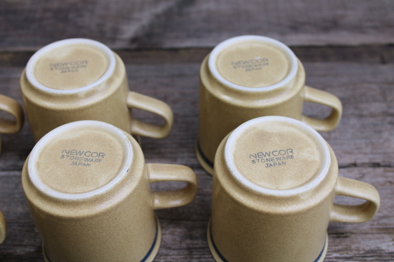 photo of 70s 80s vintage Japan stoneware mugs latte tan w/ blue & brown band, set of 8 small coffee cups #8