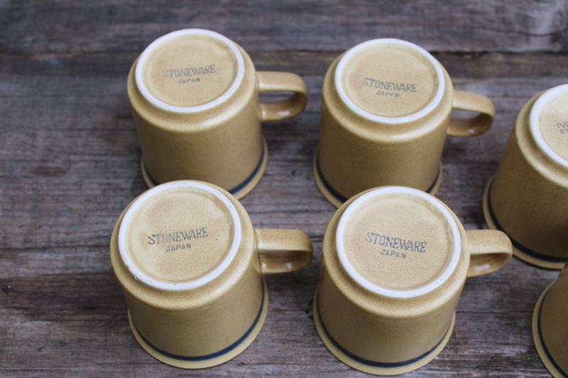 photo of 70s 80s vintage Japan stoneware mugs latte tan w/ blue & brown band, set of 8 small coffee cups #9