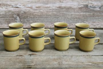 70s 80s vintage Japan stoneware mugs latte tan w/ blue & brown band, set of 8 small coffee cups 