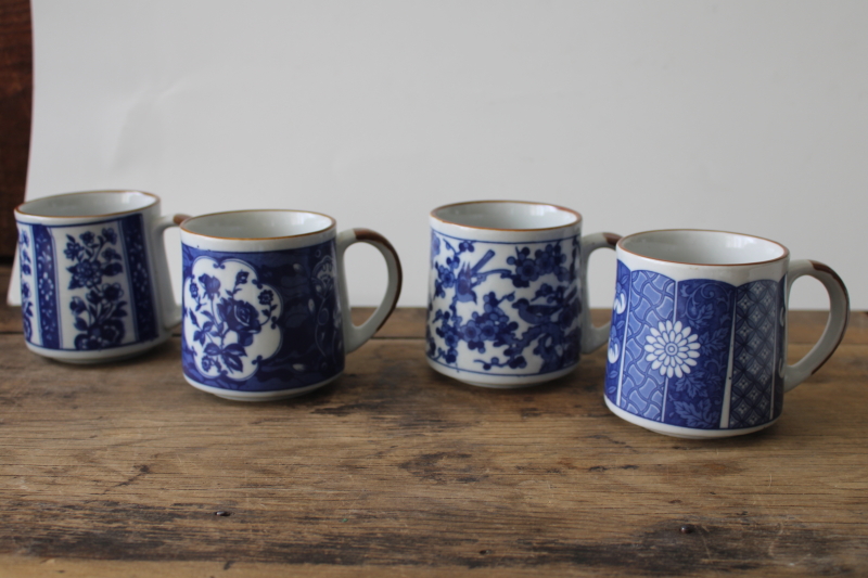 photo of 70s 80s vintage Korea stoneware coffee mugs, blue chinoiserie china patterns  #1