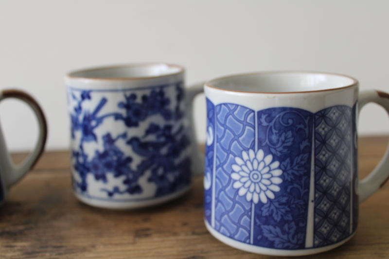 photo of 70s 80s vintage Korea stoneware coffee mugs, blue chinoiserie china patterns  #3