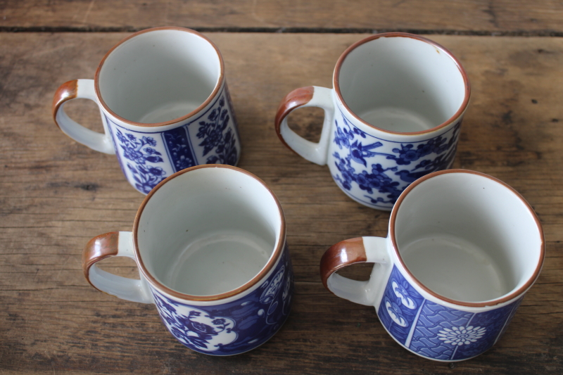 photo of 70s 80s vintage Korea stoneware coffee mugs, blue chinoiserie china patterns  #5