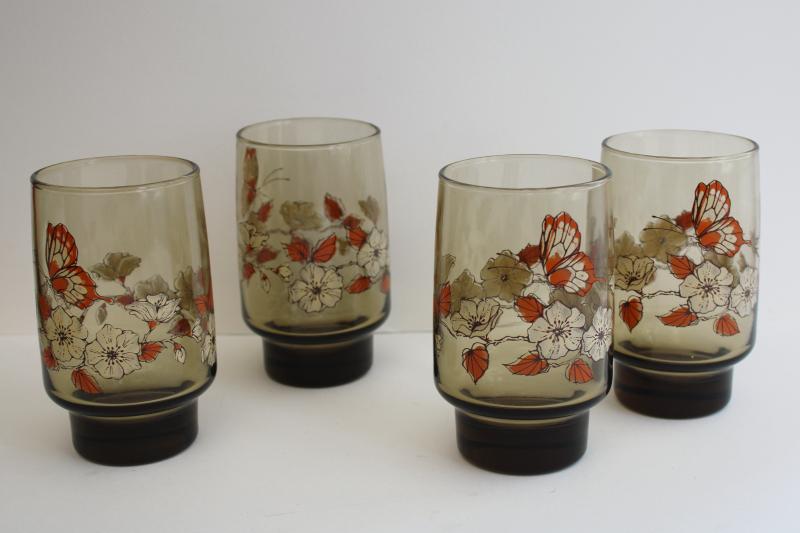 photo of 70s 80s vintage Libbey accent orange butterfly drinking glasses, tawny smoke brown glass #1