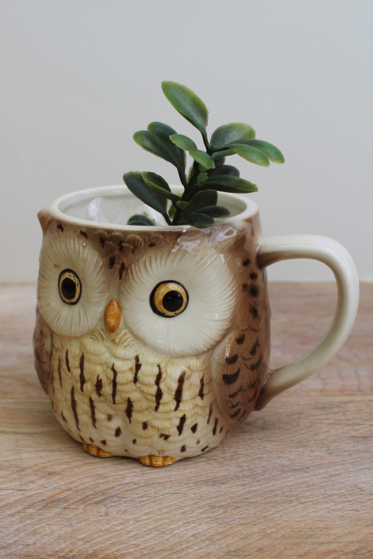 photo of 70s 80s vintage Otagiri Japan ceramic owl mug, cute for a planter pot #5
