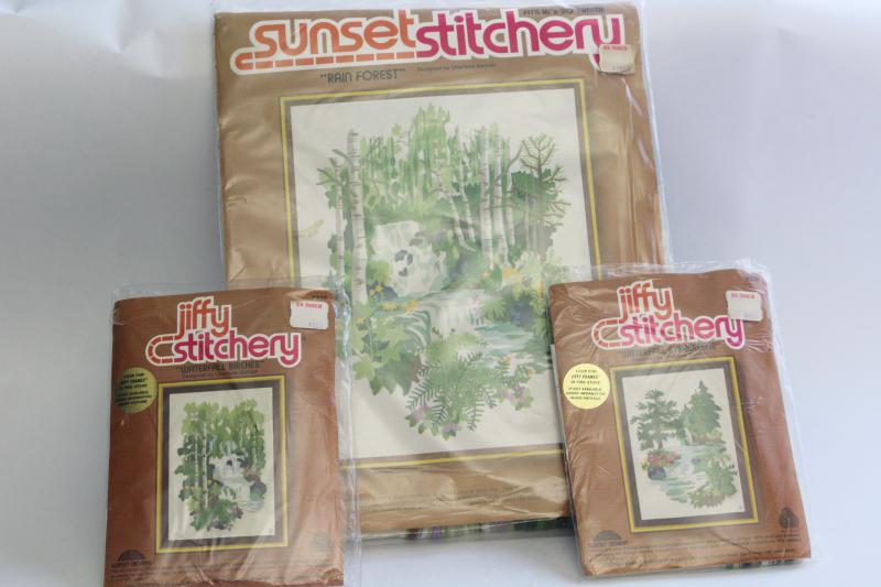 photo of 70s 80s vintage Sunset crewel embroidery kits, paint by number style nature scenes #1