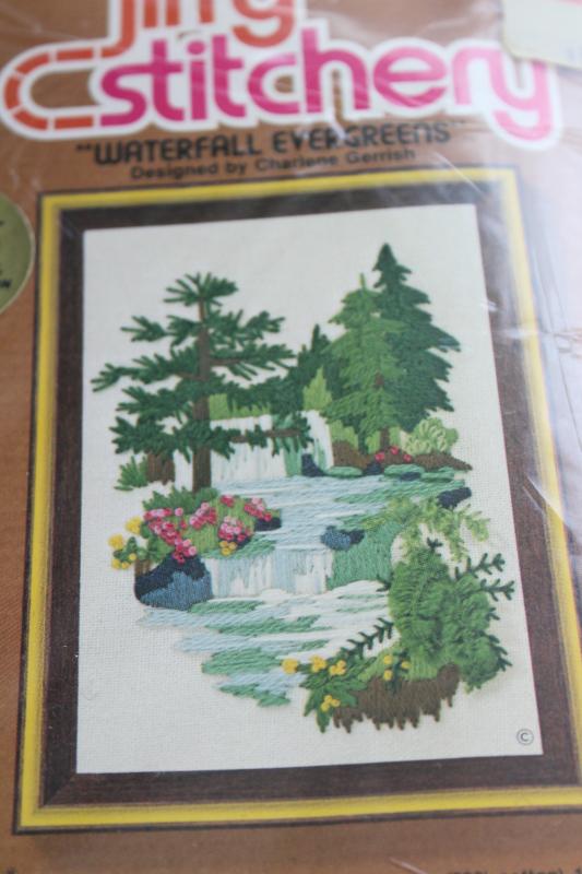 photo of 70s 80s vintage Sunset crewel embroidery kits, paint by number style nature scenes #2