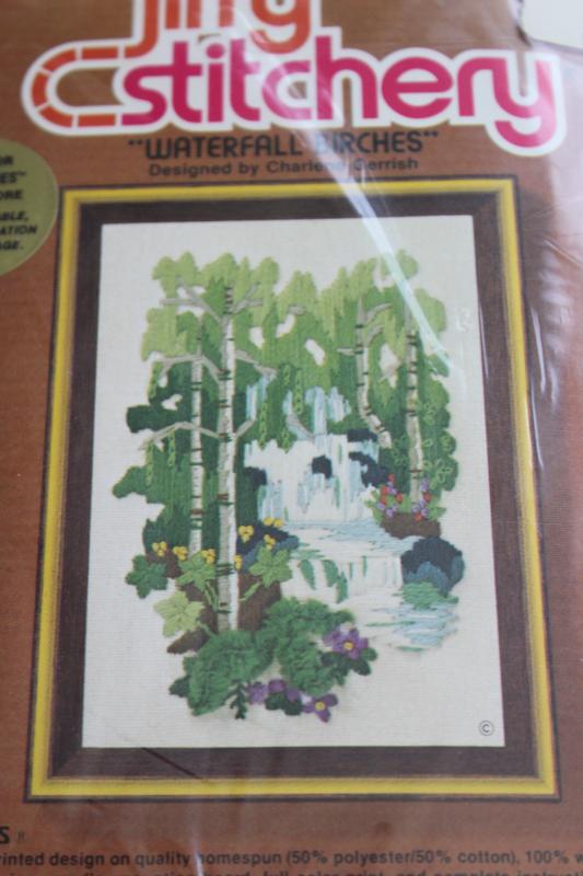 photo of 70s 80s vintage Sunset crewel embroidery kits, paint by number style nature scenes #3