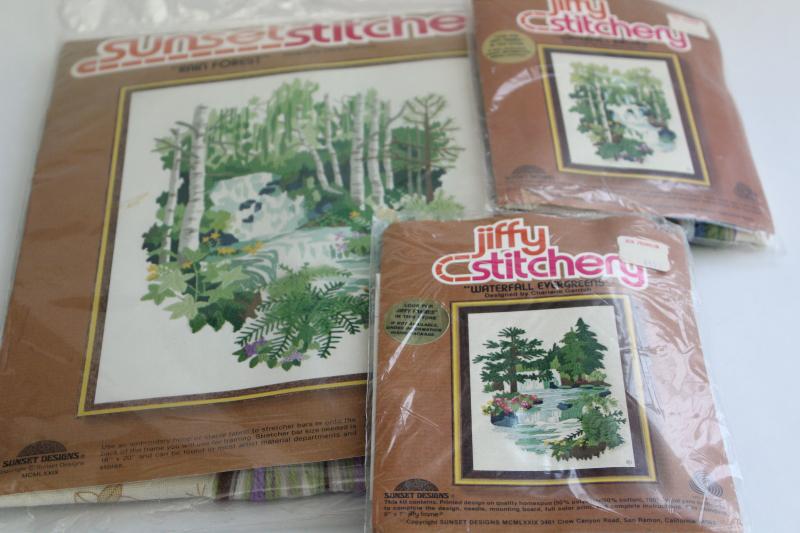 photo of 70s 80s vintage Sunset crewel embroidery kits, paint by number style nature scenes #9