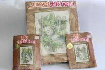 catalog photo of 70s 80s vintage Sunset crewel embroidery kits, paint by number style nature scenes