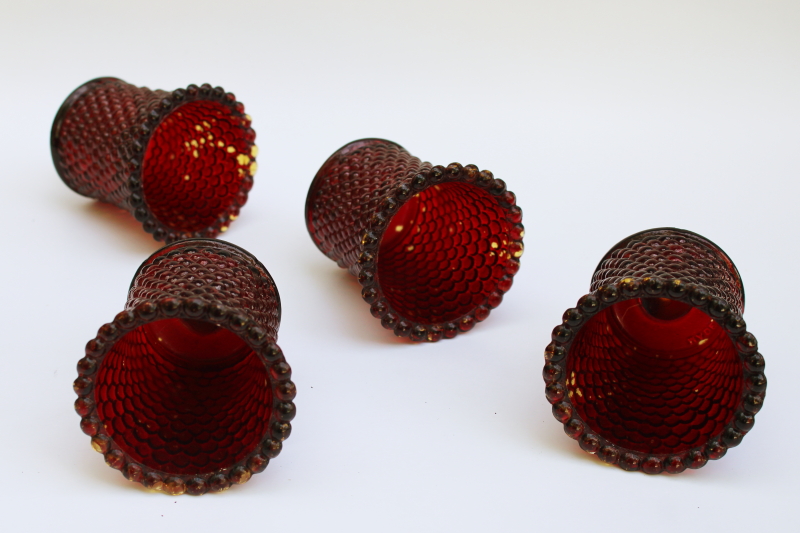photo of 70s 80s vintage Taiwan hobnail glass votive candle holders, amber w/ worn ruby stained color  #1