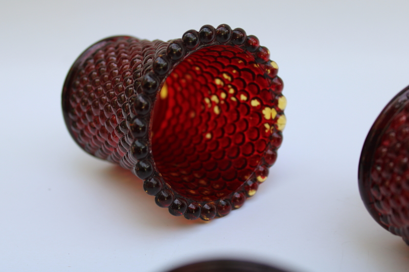 photo of 70s 80s vintage Taiwan hobnail glass votive candle holders, amber w/ worn ruby stained color  #2
