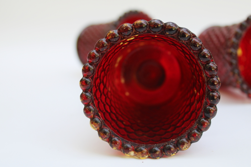 photo of 70s 80s vintage Taiwan hobnail glass votive candle holders, amber w/ worn ruby stained color  #3