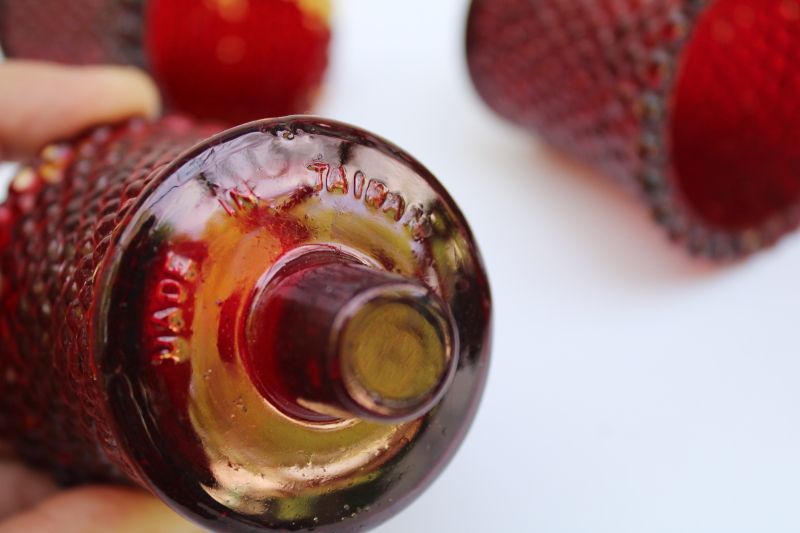 photo of 70s 80s vintage Taiwan hobnail glass votive candle holders, amber w/ worn ruby stained color  #4