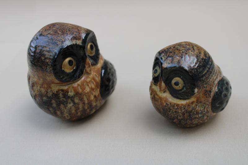 photo of 70s 80s vintage ceramic owls OMC Otagiri Japan, rustic pottery owl figurines #6