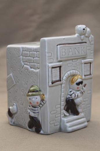 photo of 70s 80s vintage ceramic savings bank, coin slot bank w/ very retro bank robbers! #1