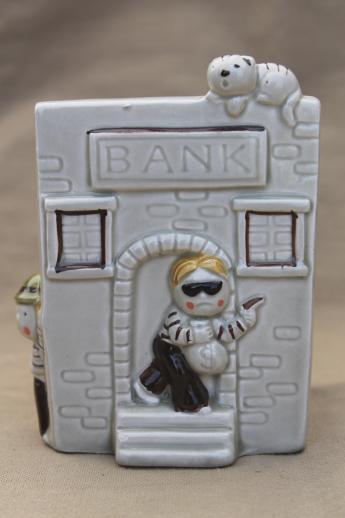 photo of 70s 80s vintage ceramic savings bank, coin slot bank w/ very retro bank robbers! #2