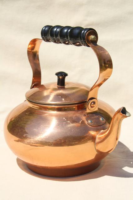 photo of 70s 80s vintage copper tea kettle, colonial or country kitchen teapot #1
