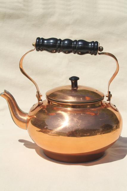 photo of 70s 80s vintage copper tea kettle, colonial or country kitchen teapot #3