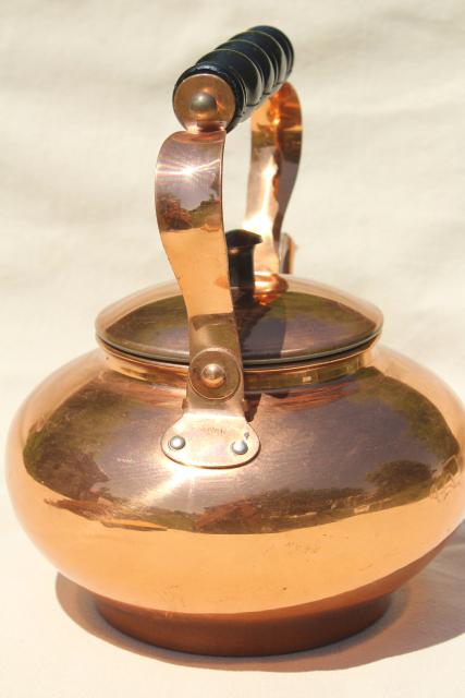 photo of 70s 80s vintage copper tea kettle, colonial or country kitchen teapot #4