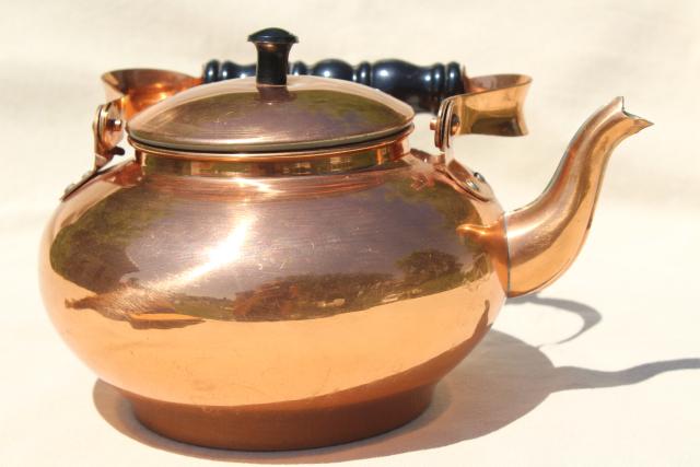 photo of 70s 80s vintage copper tea kettle, colonial or country kitchen teapot #5