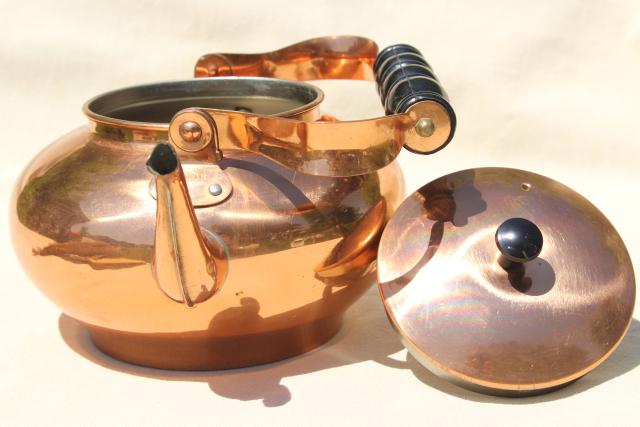 photo of 70s 80s vintage copper tea kettle, colonial or country kitchen teapot #6