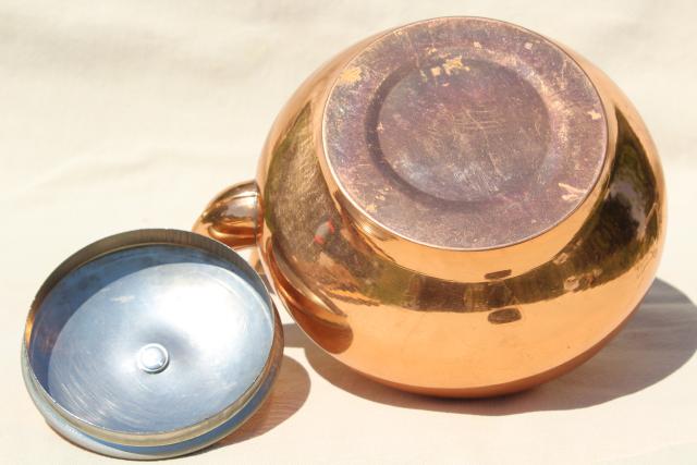 photo of 70s 80s vintage copper tea kettle, colonial or country kitchen teapot #8