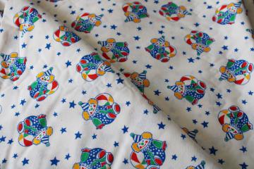 catalog photo of 70s 80s vintage cotton fabric, clowns dolls print on white, 11 yards 60 wide